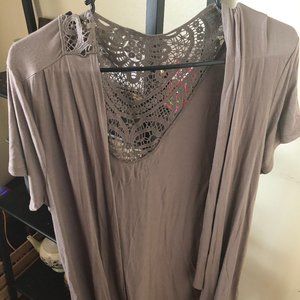 Lace back cardigan, sherpa vest, and sundress